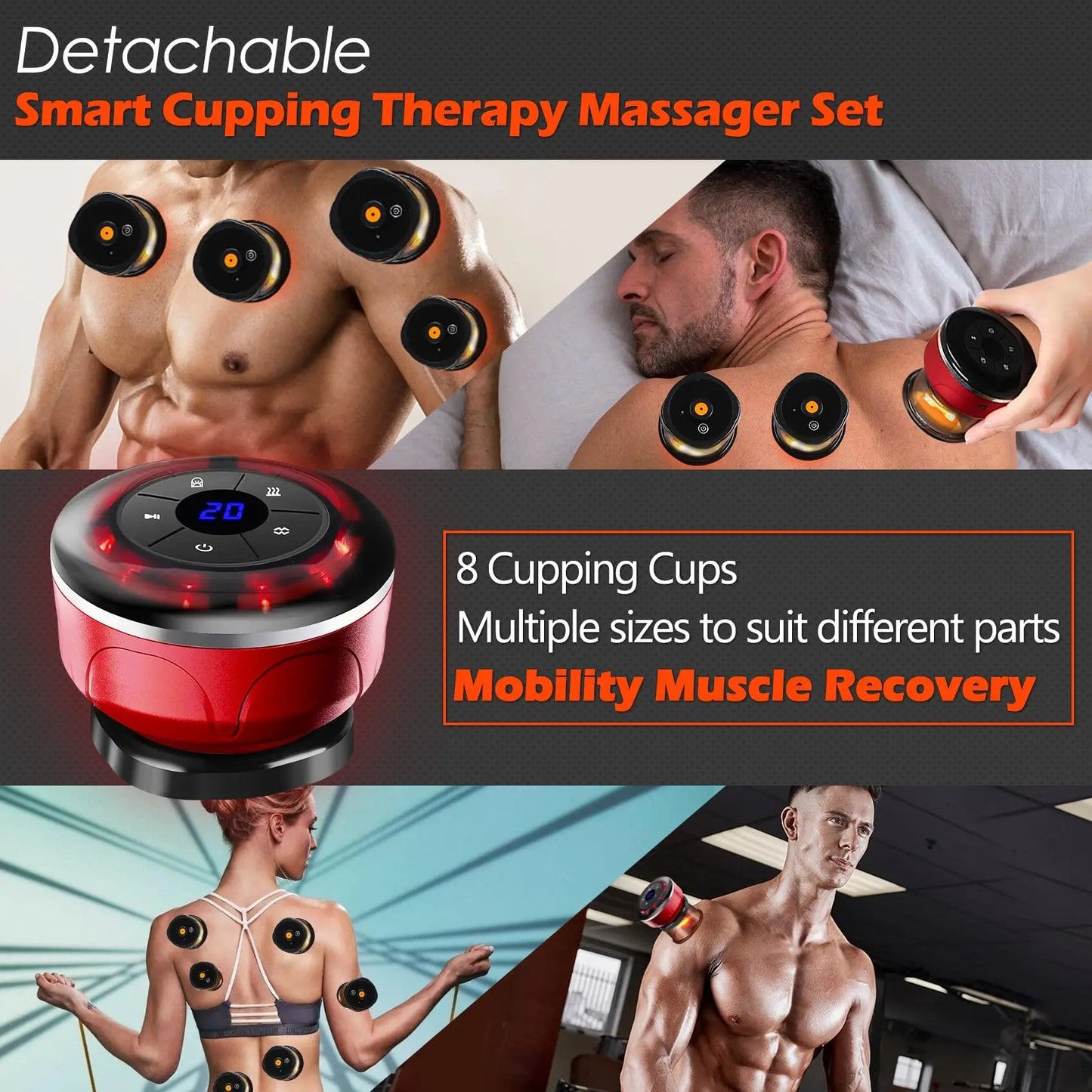 8 Cup Electric Cupping Massager – Gua Sha Vacuum Suction Cups with EMS, Anti-Cellulite Magnet Therapy & Fat Burner Body Massager