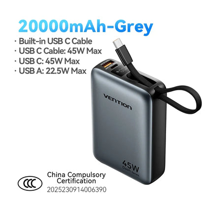 Vention 45W 20000mAh Power Bank - Fast Charging Portable Battery for iPhone, Samsung & Xiaomi