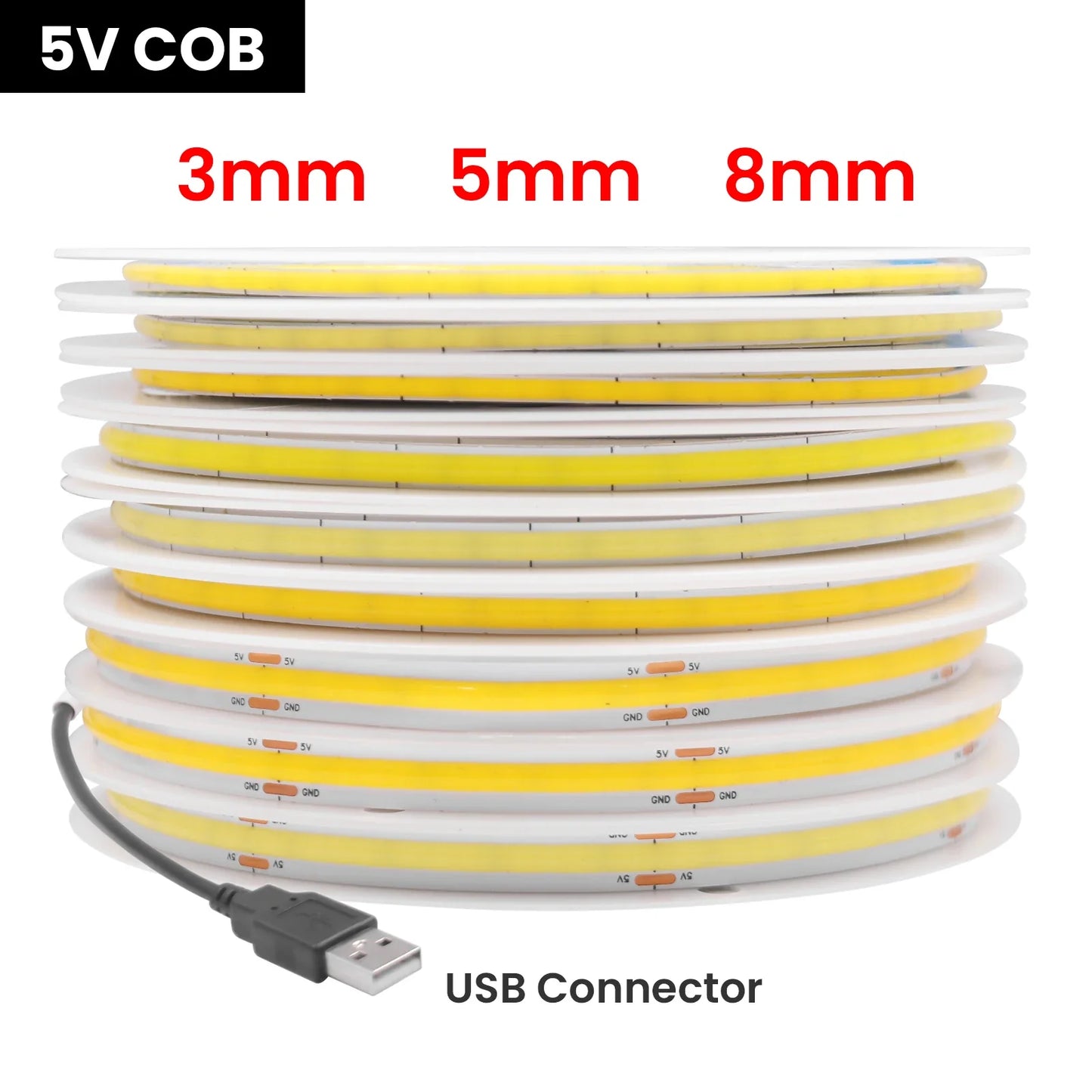 DC 5V USB COB LED Strip Light – Flexible 3mm/5mm/8mm Ribbon Rope in Multiple Colors for TV Backlight & Home Decor