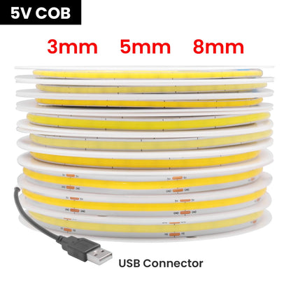 DC 5V USB COB LED Strip Light – Flexible 3mm/5mm/8mm Ribbon Rope in Multiple Colors for TV Backlight & Home Decor