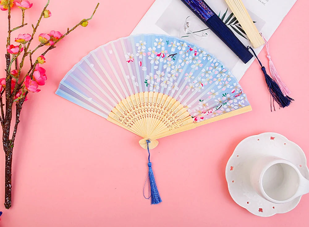 Bamboo Folding Fan with Silk — Chinese & Japanese Style Handheld Fan, Antique Art Craft for Summer Dance, Home Decor & Party