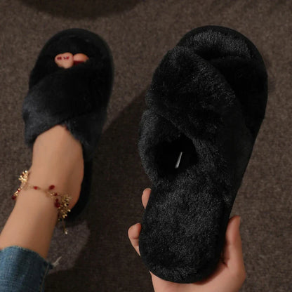 Women’s Fluffy Furry Cross Slippers – Lightweight Flat Fur Slides Non-Slip Open Toe for Autumn & Winter