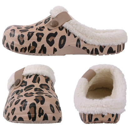 Bebealy Casual Women’s Garden Shoes & Warm Fluffy Men’s Waterproof Winter Slippers – Outdoor Antiskid Classic Leopard Design
