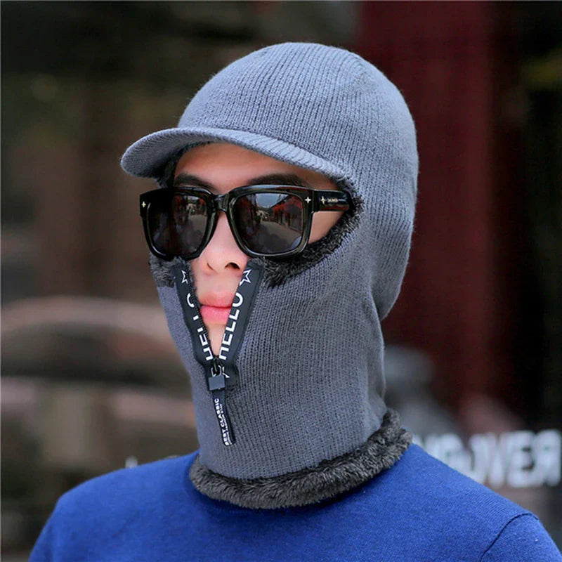 New Men's Winter Wool Hat with Ear Protection - Warm Thick Knitted Cap with Scarf and Windproof Visor for Outdoor Activities