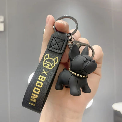 French Bulldog Keychain - Punk Style PU Leather Bag Pendant for Women & Men, Car Key Ring
