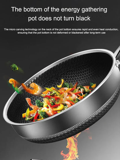 Tri-Ply 316 Stainless Steel Wok Pan with Double-Sided Honeycomb Skillet - Suitable for All Stoves