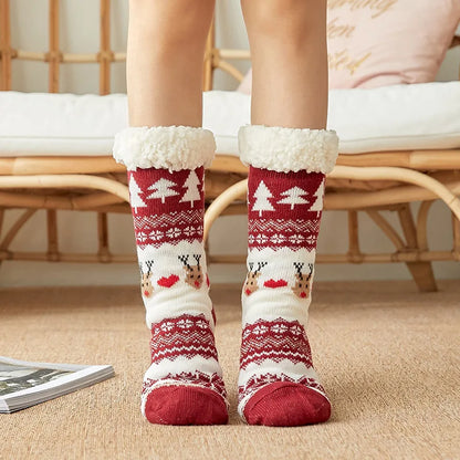 Women’s Winter Plush Socks – Soft Fuzzy Non-Slip Floor Slippers with Penguin, Deer, Elk & Bear, Cozy Christmas Gift