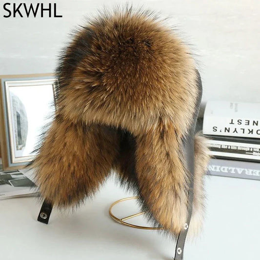 Natural Raccoon & Fox Fur Russian Ushanka Hat – Women’s Black Winter Bomber Cap with Ear Flaps