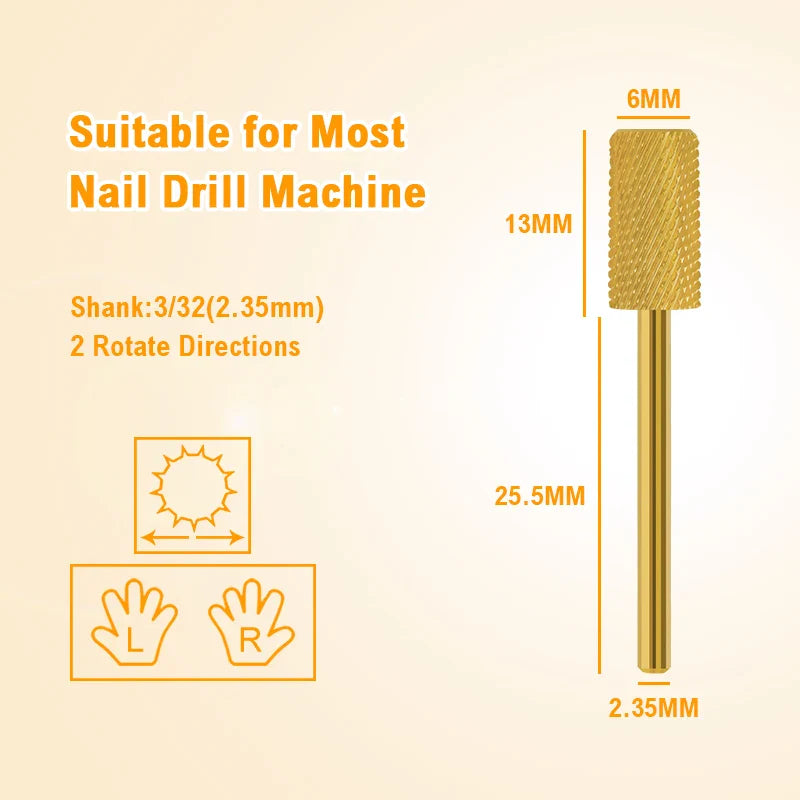 Gold Tungsten Carbide Nail Drill Bits – Large Barrel Milling Cutter, Pro Reversed Durable Grinding & Polishing Tools Accessories 4XC