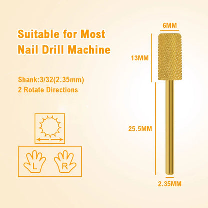 Gold Tungsten Carbide Nail Drill Bits – Large Barrel Milling Cutter, Pro Reversed Durable Grinding & Polishing Tools Accessories 4XC