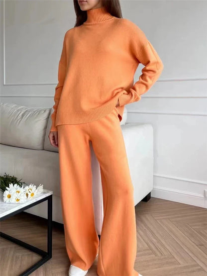 Women’s 2-Piece Autumn & Winter Knitted Tracksuit – Turtleneck Sweater with Straight Jogging Pants Set