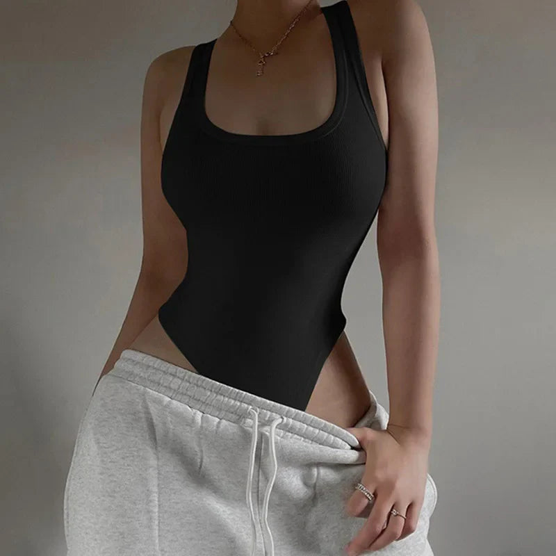 Sleeveless Knit Bodysuit for Women – Sexy Off-Shoulder Halter Bodycon Top, Casual Clubwear Summer Street Style