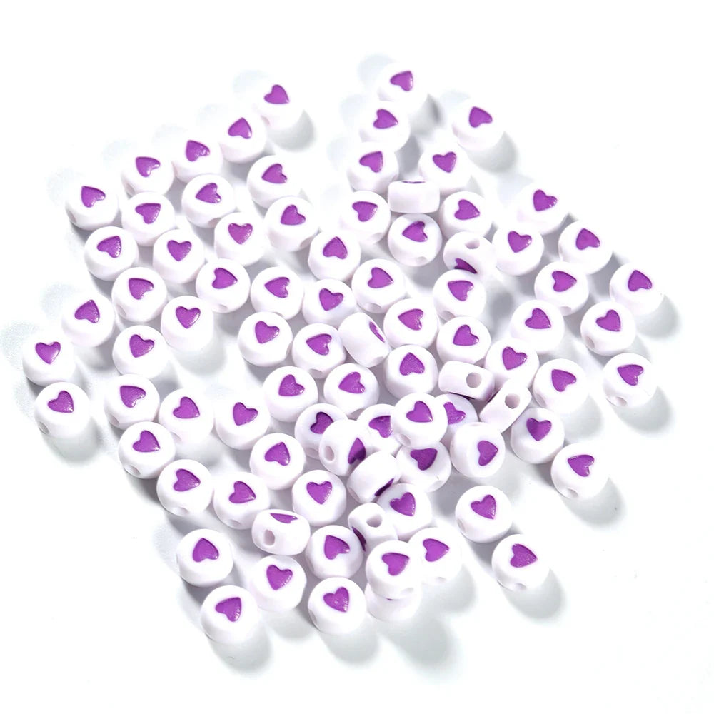100Pcs 7mm Acrylic Flat Round Beads – Colorful Heart Pattern Spacer Beads for DIY Bracelet & Earring Jewelry Making Supplies