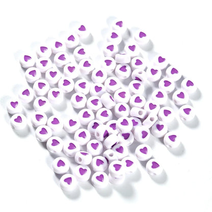100Pcs 7mm Acrylic Flat Round Beads – Colorful Heart Pattern Spacer Beads for DIY Bracelet & Earring Jewelry Making Supplies