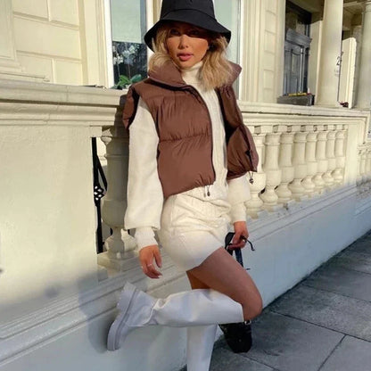 Autumn Winter Women's Short Cotton Down Vest – Warm Quilted Sleeveless Jacket with Stand-Up Collar for Outdoor Travel