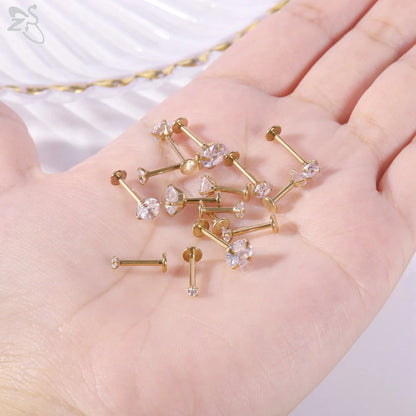AOEDEJ 10PCS Gold Stainless Steel Labret Lip Studs – 16/18G CZ Crystal Helix, Cartilage & Tragus Piercings (2–6mm)