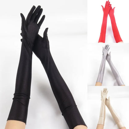 52CM Women’s Elegant Spandex Long Gloves – Thin Soft Stretch Sun Protection Gloves for Stage Performance, Driving, Riding & Cosplay Party Wear