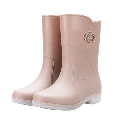 Women’s Fashion Mid-Tube Rain Boots – Wear-Resistant, Waterproof Rubber Shoes with Thick Sole, Non-Slip & Cotton Lining