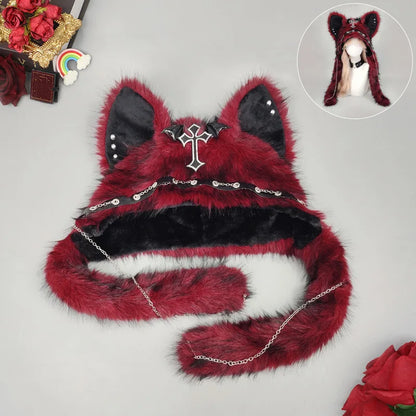 Dark Series Gothic Cat Ear Plush Hat — Y2K Cross Metal Style Cosplay Punk Rock Warm Cap for Men, Women & Kids