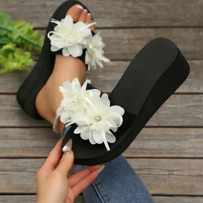 Women’s Flower Wedge Slippers - Thick Sole Pull-On Summer Beach Shoes