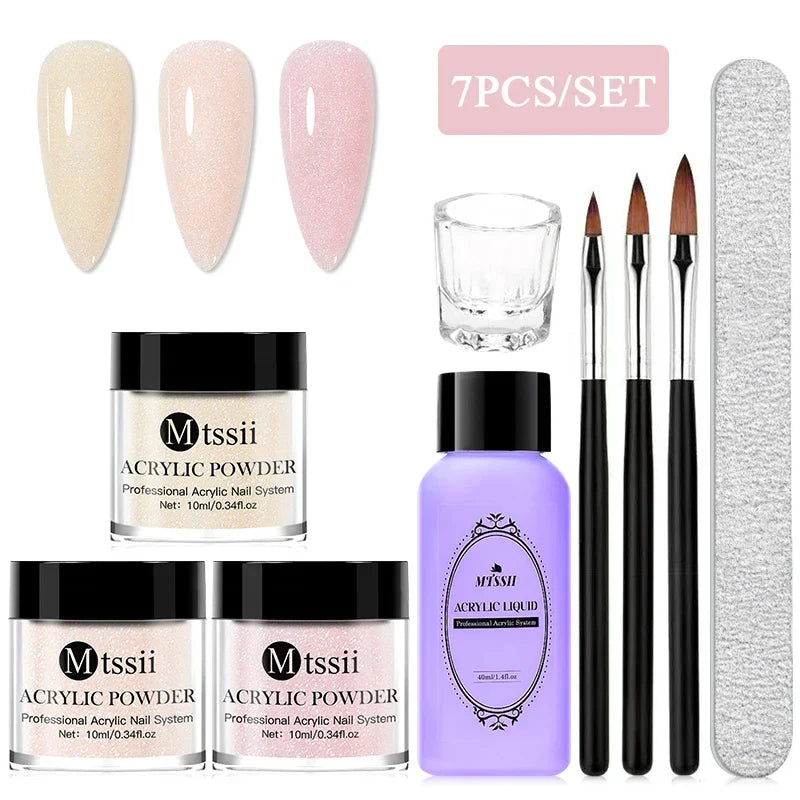 Nail Crystal Powder Kit – Acrylic Liquid Set with Pink & White Powder, Nail Brush for Extension & Carving, Beginner Set