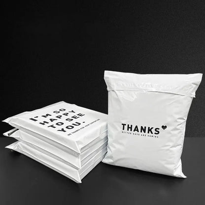 INPLUSTOP 50PCS White Thick Express Bags – Waterproof Clothing Packaging with "THANKS" Print, Courier Envelope Pouches