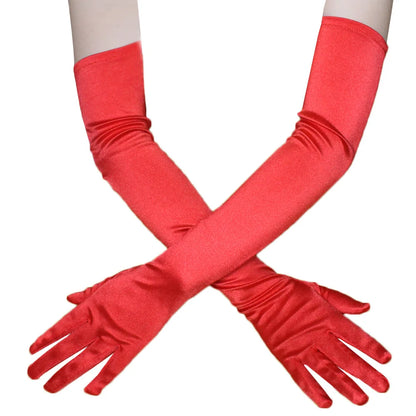Classic Satin Long Stretch Gloves for Women – Opera, Elbow & Wrist Length Costume Gloves in Black, White, Red & Grey for Parties & Flapper Style