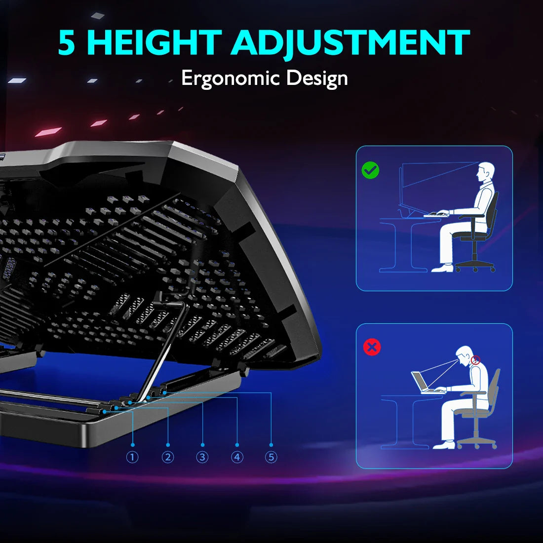 COOLCOOLD Laptop Cooling Pad - 12-17 Inch Laptop Cooler Stand with 5 Quiet Fans, 5 Adjustable Angles & Phone Holder