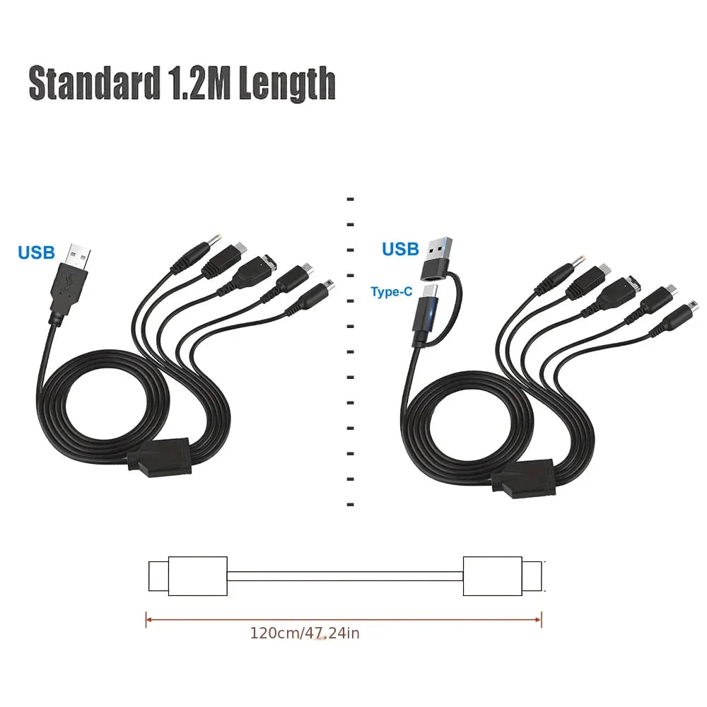 5-in-1 USB-C Multi Charging Cable — Compatible with Nintendo New 3DS XL, NDS Lite, NDSi LL, Wii U, GBA & Sony PSP 1000/2000