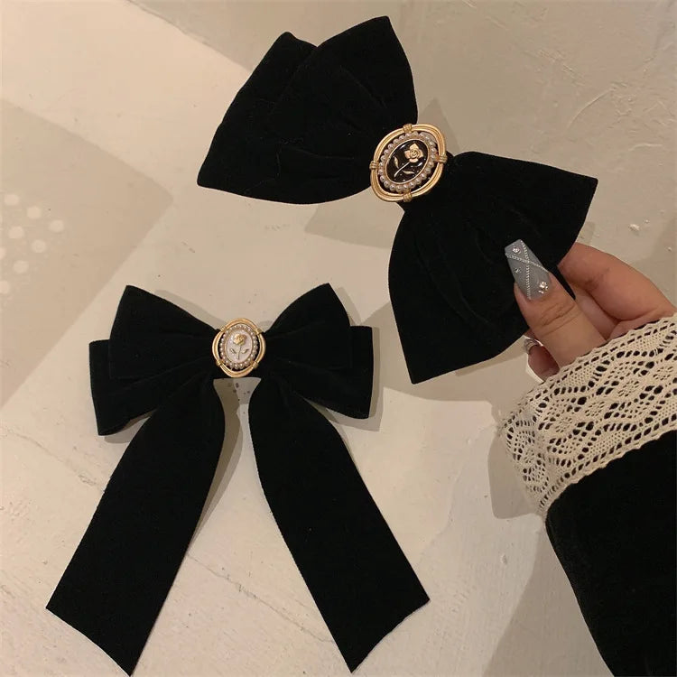 Black Velvet Bow Hair Pins – Elegant Fabric Alloy Rose Hair Clips for Women – Fashion Ponytail Barrette Headwear Accessories