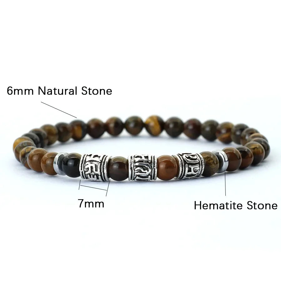 Noter Mantra Bracelet for Men – 6mm Howlite, Lava, and Tiger Eye Beads, Viking Accessories, Tibetan Bracelet