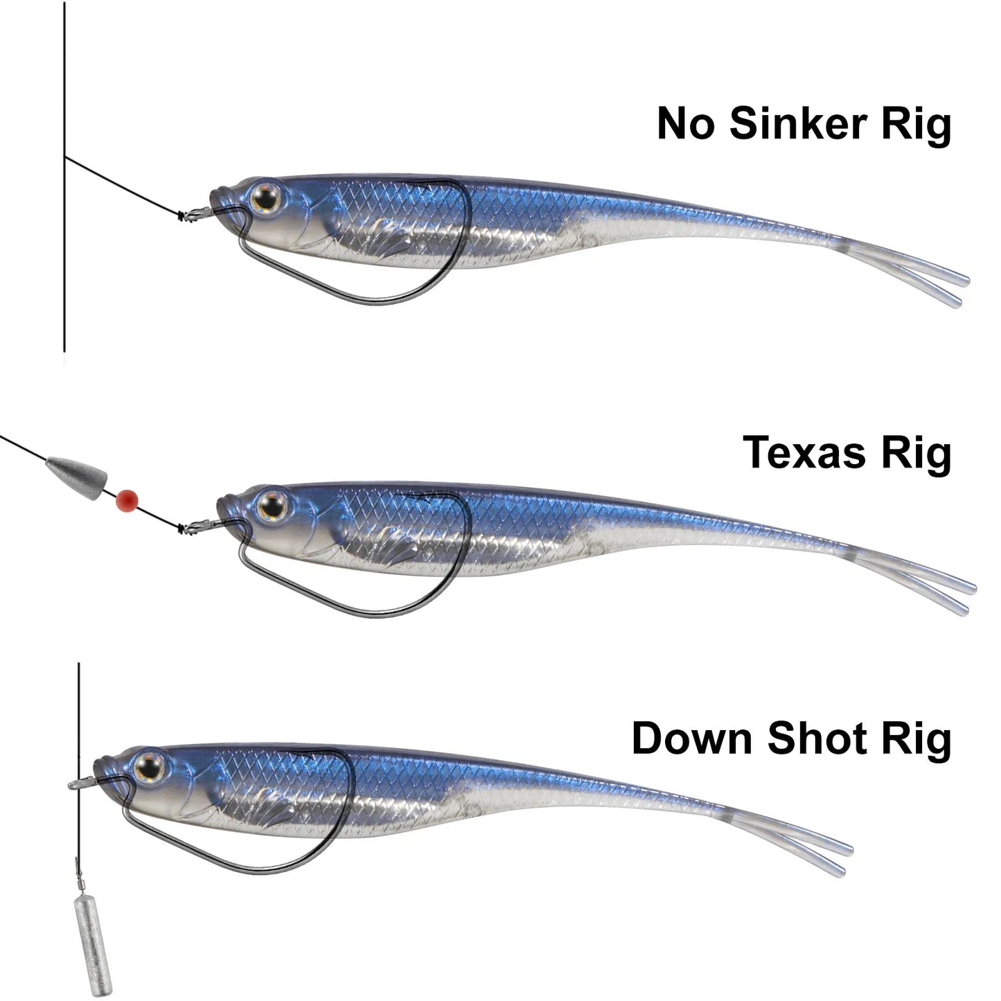Dr.Fish 5/6pcs Soft Fishing Lures — Saltwater Silicone Fork Tail Drop Shot Baits for Bass, Trout, Pike, Walleye, Weedless