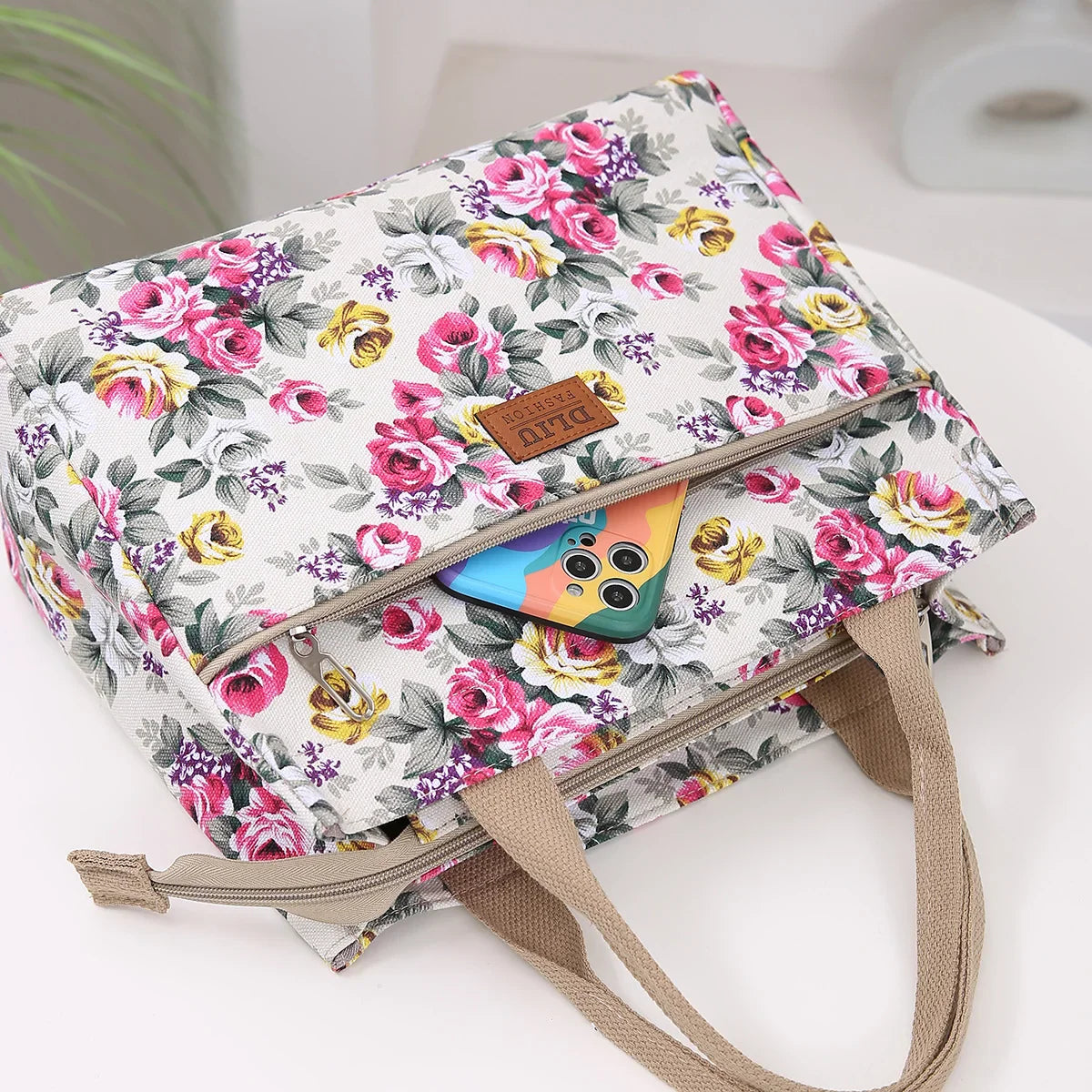 Women’s Floral Print Canvas Tote Bag – Portable Lunch Bag Casual Handbag Bento Mommy Bag for Picnic & Travel