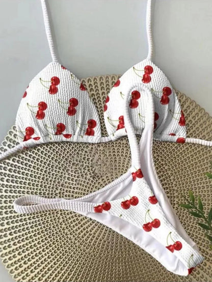 Women’s Cherry Print Bikini Set – Brazilian Thong Two-Piece Swimwear, Sexy Beach Bathing Suit