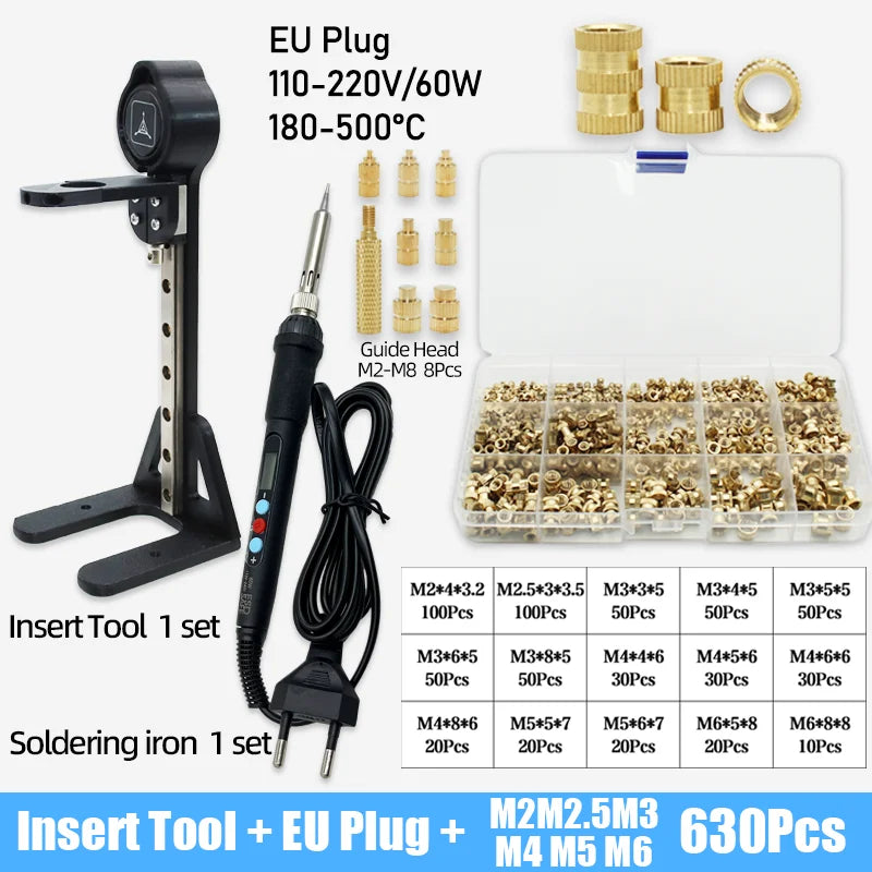 Heat Set Insert Tool Kit for 3D Printing – M2–M8 Brass Threaded Copper Nuts & Soldering Iron Tips