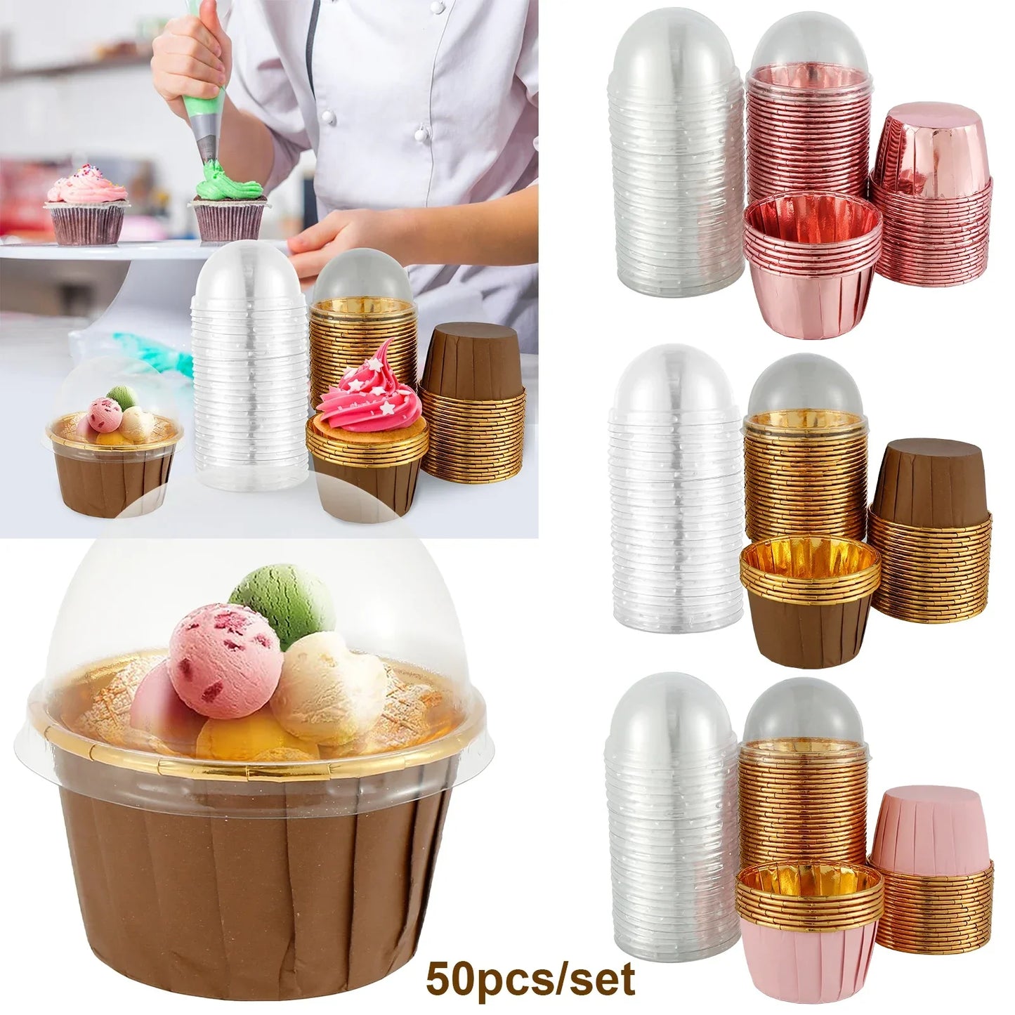 50Pc Foil Cupcake Liners with Lids - Heat Resistant 5.5oz Aluminum Cake Cups - Round Foil Baking Cups for Kitchen Wedding Party Supplies