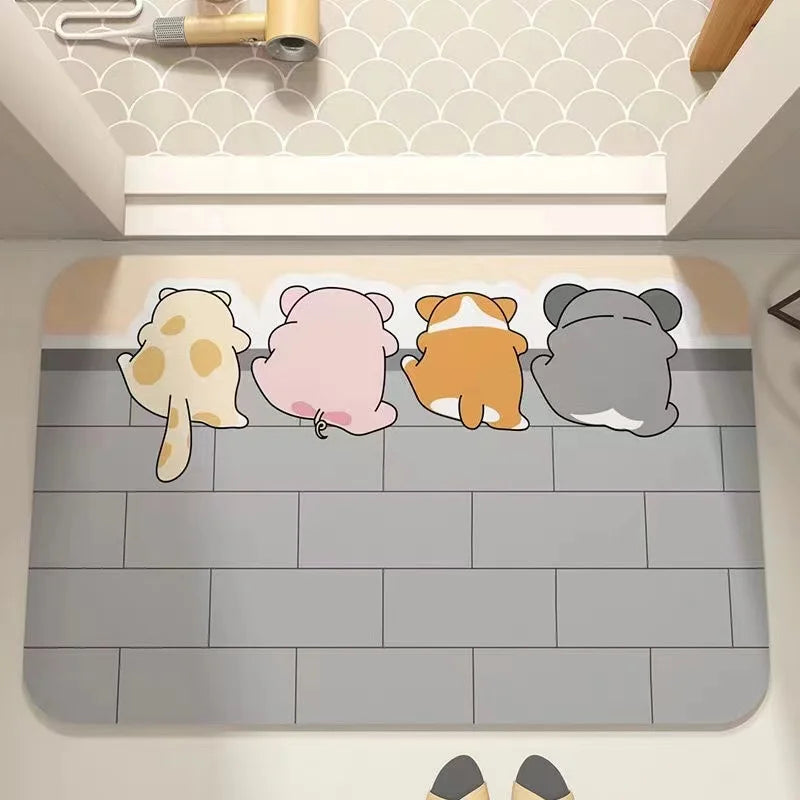 Cartoon Bathroom Diatomaceous Mud Floor Mat - Absorbent Foot Mat for Toilet, Sink & Bedroom, Soft Carpet