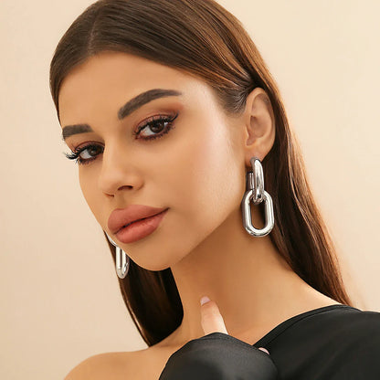 Vintage U-Shape Link Hoop Earrings – Geometric Punk Metal Jewelry for Women