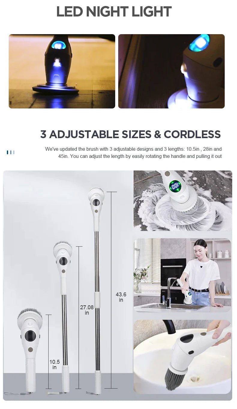 8 in 1 Multifunctional Electric Cleaning Brush – Rotatable LED Night Light Bathroom & Kitchen Household Scrubber