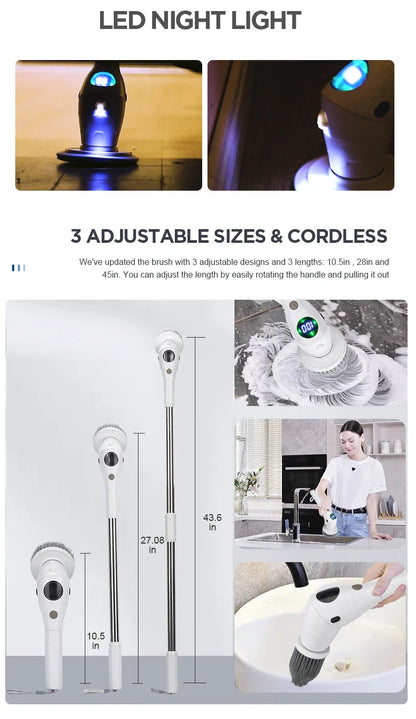 8 in 1 Multifunctional Electric Cleaning Brush – Rotatable LED Night Light Bathroom & Kitchen Household Scrubber