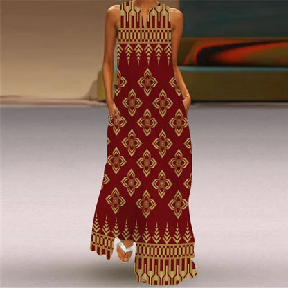 Vintage Boho Maxi Dress - Women's Summer V Neck Sleeveless Long Sundress with Pockets