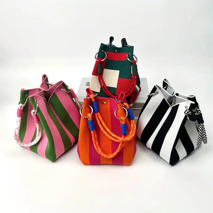Multi-Color Knitted Retro Bucket Handbag – Color-Block, Versatile & Easy-to-Carry Purse