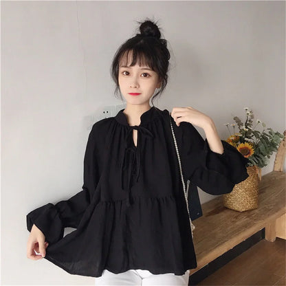 2024 Fashion Women’s Lace-Up Shirt – Flare Sleeve O-Collar Loose Blouse for Spring, Summer & Autumn