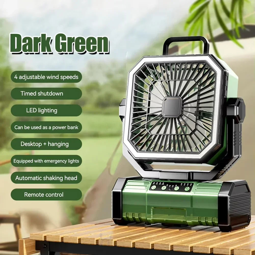 20000mAh Rechargeable Camping Fan - 360° Rotating Hanging Tent Fan with Hook for Outdoor, Fishing & Desk Use