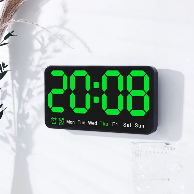 Voice Control Large Digital Wall Clock – LED Display with Temperature, Date, Week, DST, Snooze, Dual Alarm, 12/24H, Wall-Mounted or Table Use