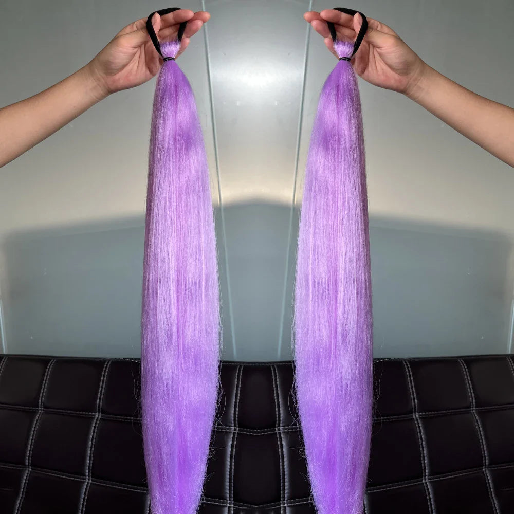 Synthetic Colorful Ponytail Extensions – Long Straight Braided Hairpieces with Rubber Band for Women