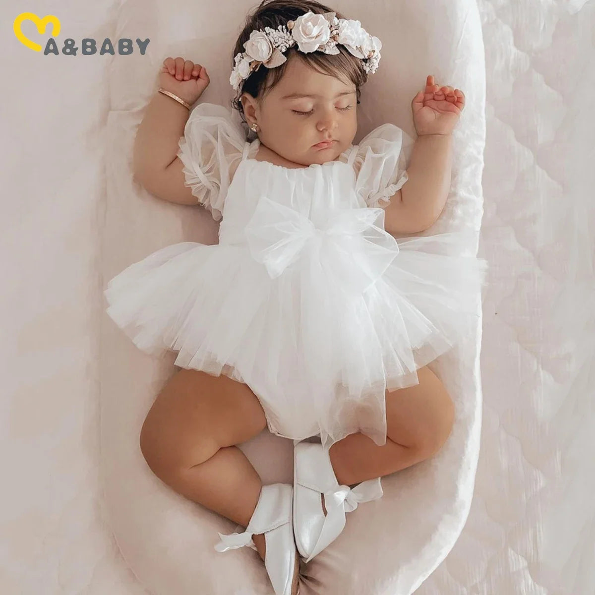 Baby Girl Princess Tulle Romper - Puff Sleeve Birthday Jumpsuit with Headband, 0–24 Months