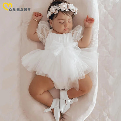 Baby Girl Princess Tulle Romper - Puff Sleeve Birthday Jumpsuit with Headband, 0–24 Months