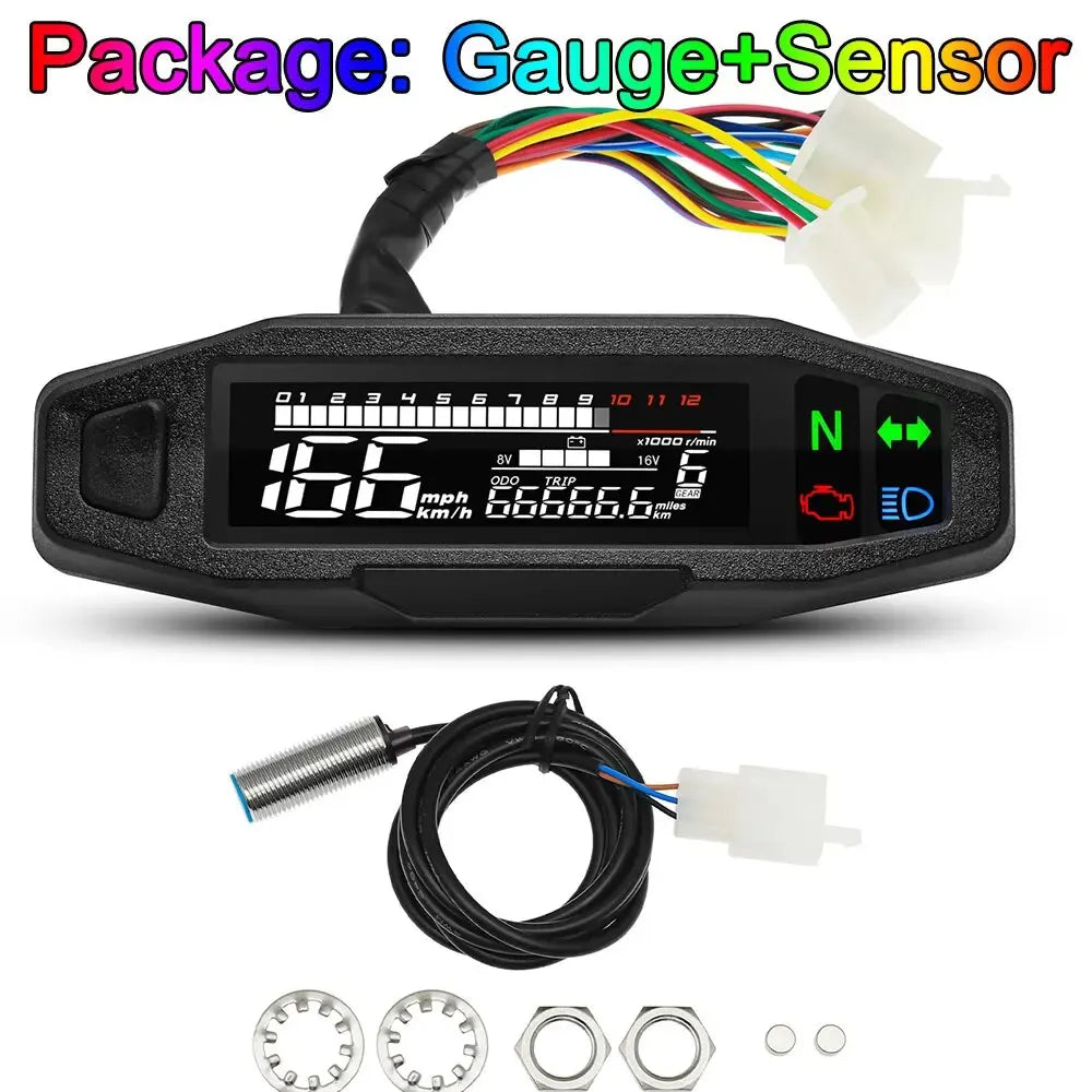AD Universal Motorcycle Digital Speedometer – LED Tachometer Dashboard Instrument Panel with LCD Display & Y Bracket