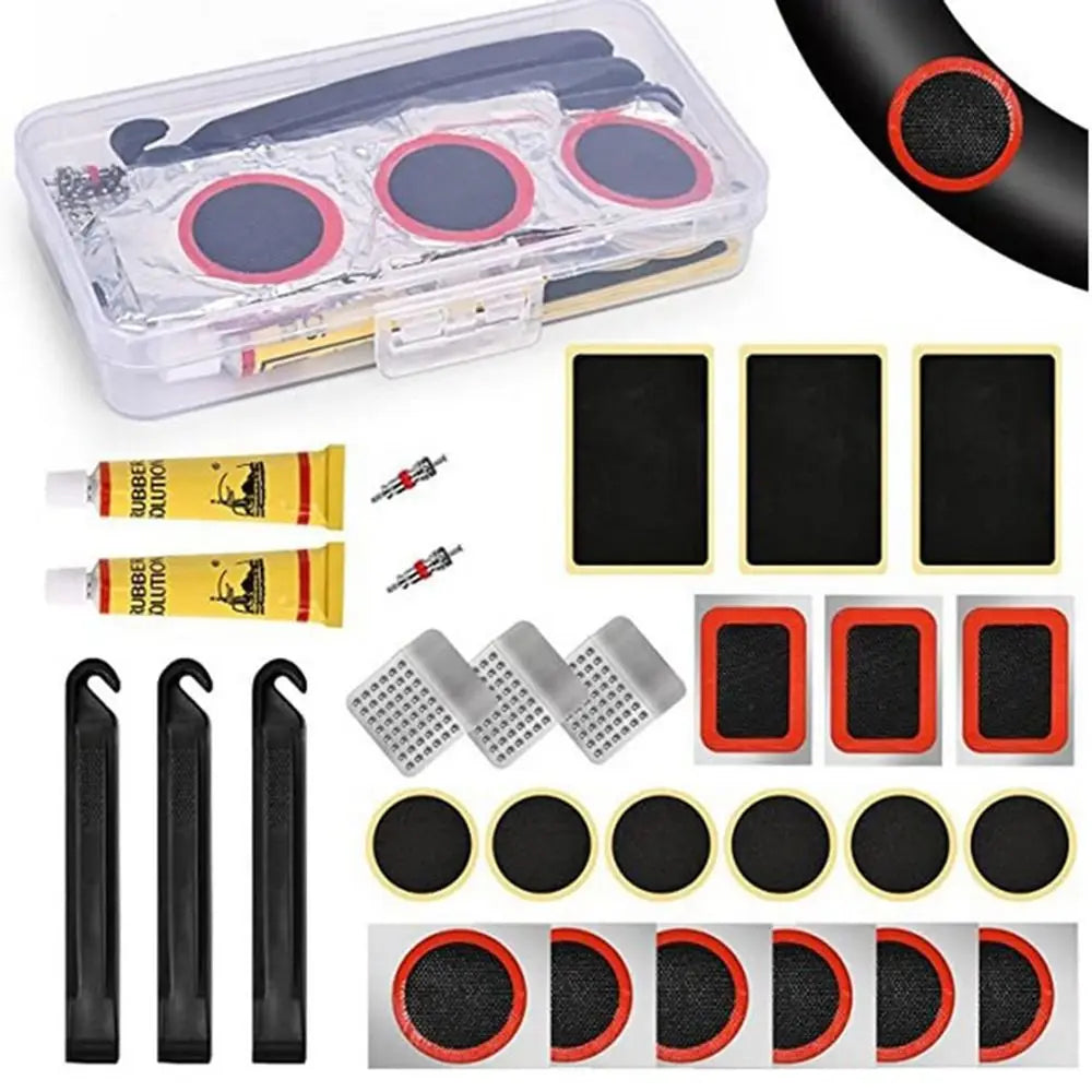 Bicycle Tire Repair Kit - Inner Tube Puncture Patches Rubber Glue Valve Tools for Bike Maintenance